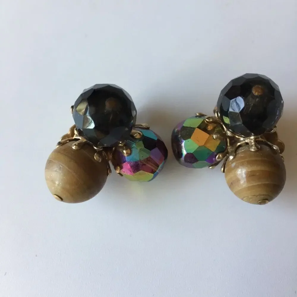 Earth tone large bead cluster clip-on earrings